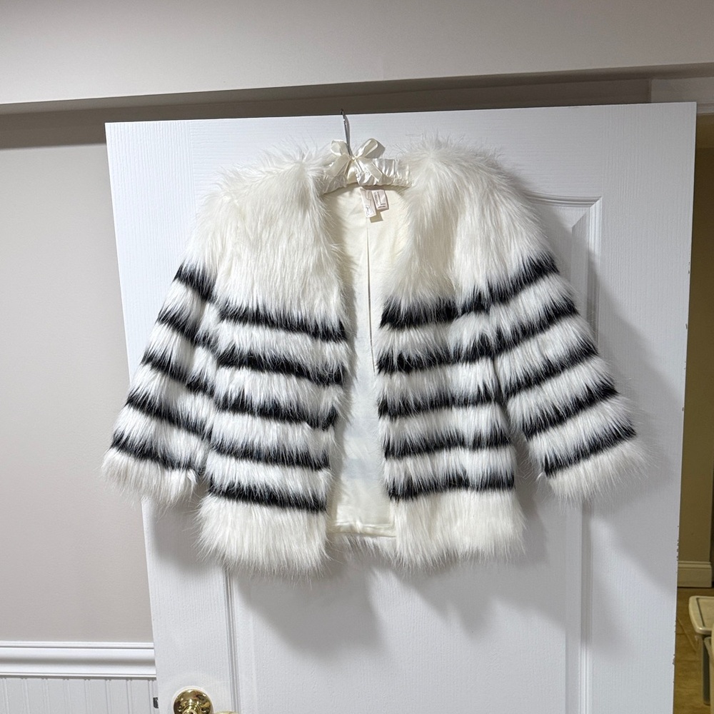 Kids Faux Fur Striped Jacket - White and Black